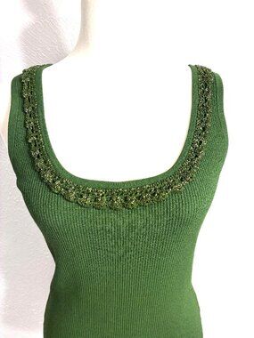 CACHE Beaded Trim Ribbed Tank-Top, GREEN, Size Large